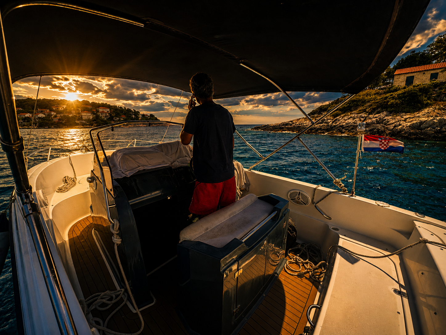 Luxury speedboat at dusk near Hvar